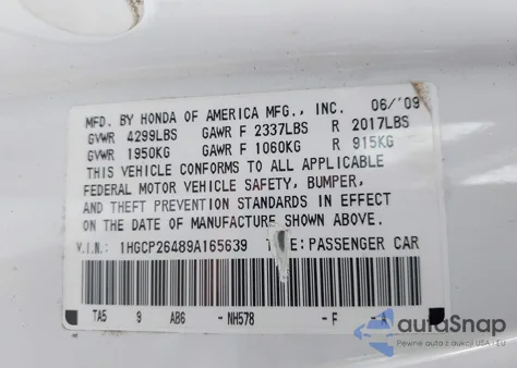 2009 Honda Accord 2.4 Lx-P from USA, damaged, VIN 1HGCP26489A165639